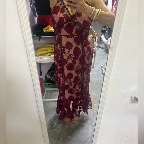 Lulu's Burgundy & Nude Floral Lace Midi Dress - Picture 6 of 6